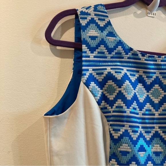 BELLE by Badgley Mischka Sz 8 Metallic Aztec Motif White Accent Midi Dress - Picture 4 of 13